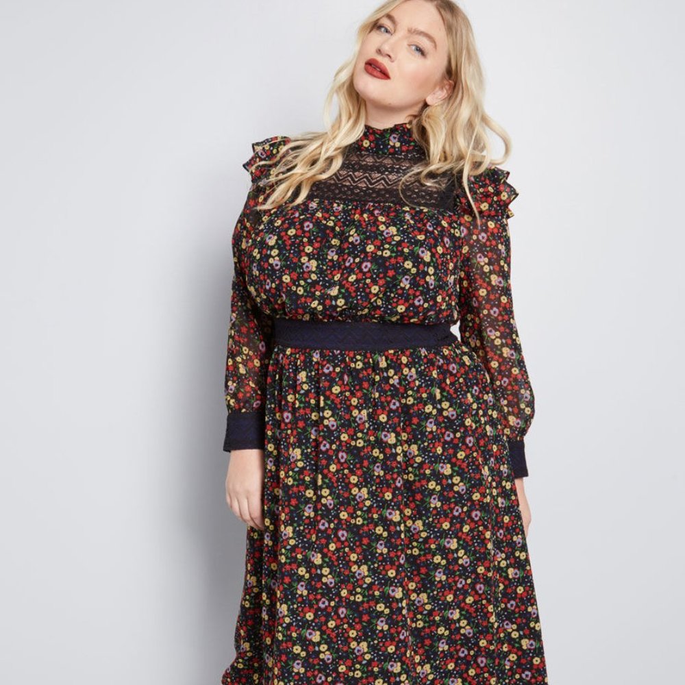 Anna Sui Black Floral Midi Dress